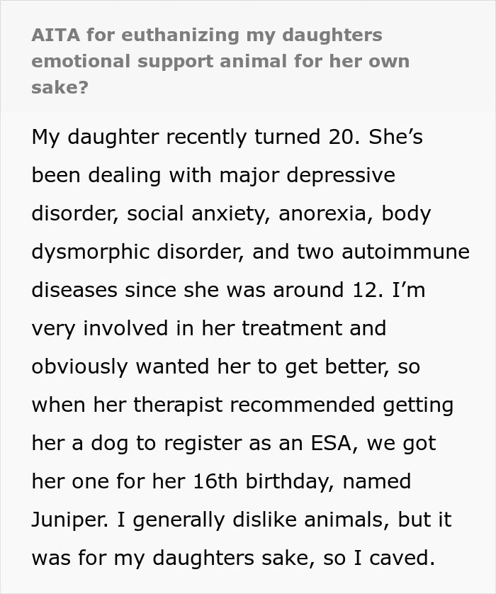 “AITA For Euthanizing My Daughter’s Emotional Support Animal For Her Own Sake?” “AITA For Euthanizing My Daughter’s Emotional Support Animal For Her Own Sake?”