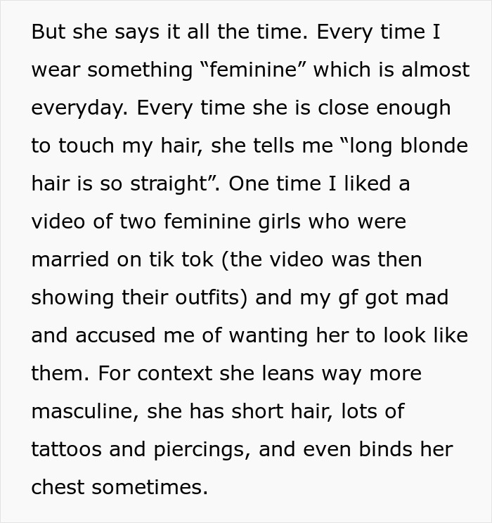 Woman’s GF Yells At Her For Wearing Dress And Having Long Hair, Relationship Is Put Into Question - 4