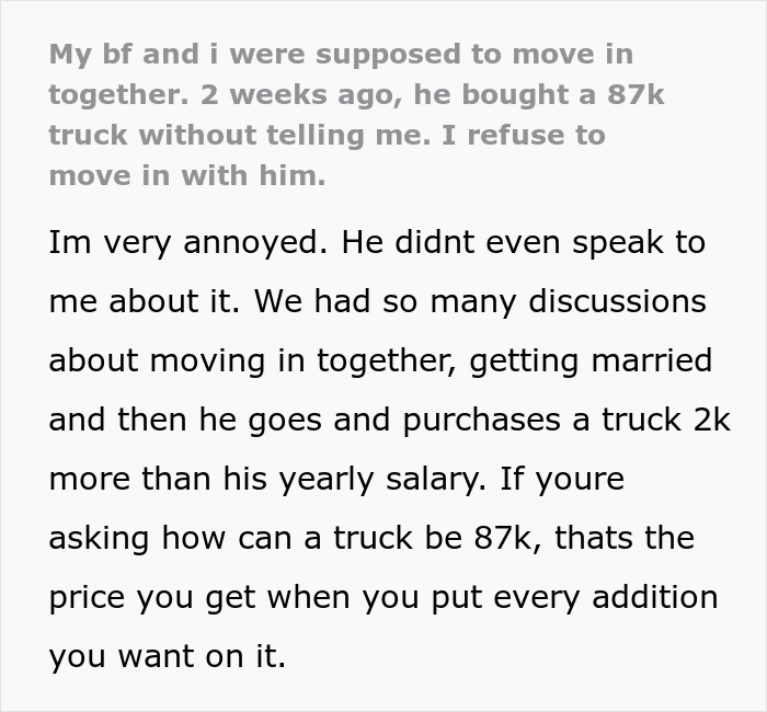 &ldquo;I Was Livid&rdquo;: Man Puts Himself In Financial Jeopardy With $87K Truck, GF Refuses To Move In Anymore
