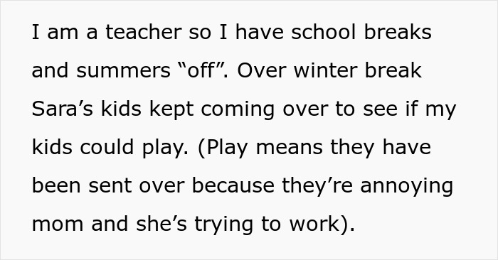 Text excerpt about a teacher explaining summer and winter breaks and kids visiting to play during school breaks.
