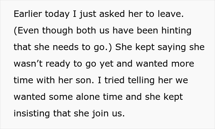 Mom Gets Kicked Out For Not Taking The Hint That Her Son And DIL Want Alone Time Mom Gets Kicked Out For Not Taking The Hint That Her Son And DIL Want Alone Time