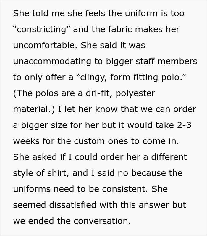 People Support This Boss For Refusing To Completely Change The Uniform For One Plus-Size Worker