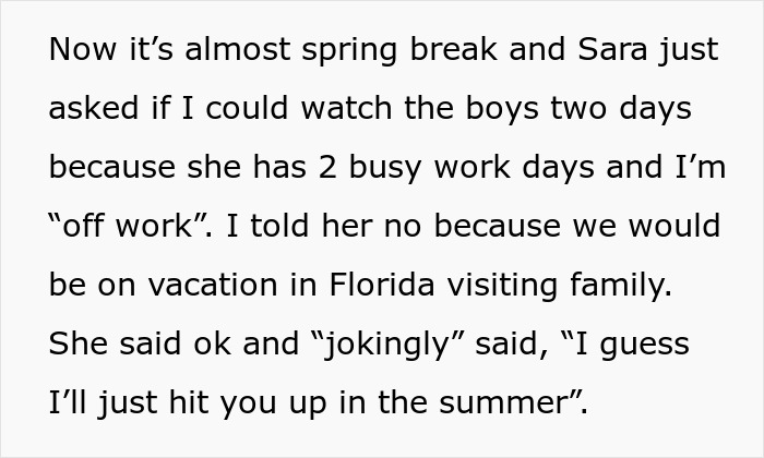 Text message exchange about a woman telling her neighbor she will not babysit for free over the summer vacation.