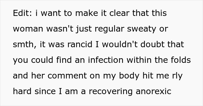 Text screenshot discussing an incident involving an overweight woman's comments affecting a recovering anorexic. Text screenshot discussing an incident involving an overweight woman's comments affecting a recovering anorexic.
