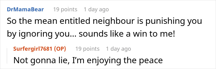 Screenshot of an online discussion where a woman tells neighbor she will not be her free babysitter over the summer.