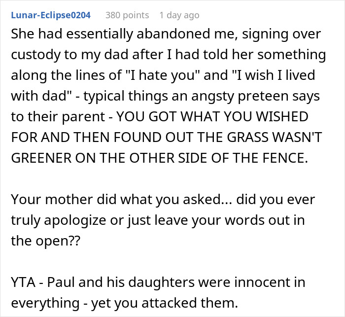 Comment discussing teen hurt after mom abandoned him and his emotional reaction at her engagement party.