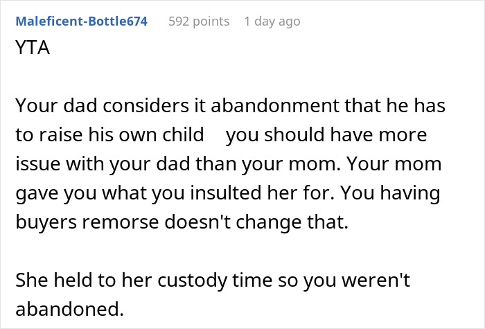 Screenshot of an online comment discussing abandonment and custody in a teen's family conflict after a tantrum.