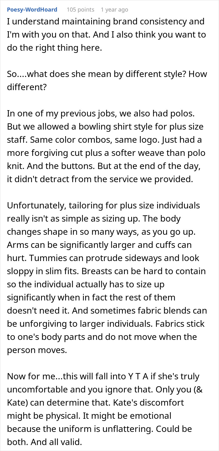 People Support This Boss For Refusing To Completely Change The Uniform For One Plus-Size Worker