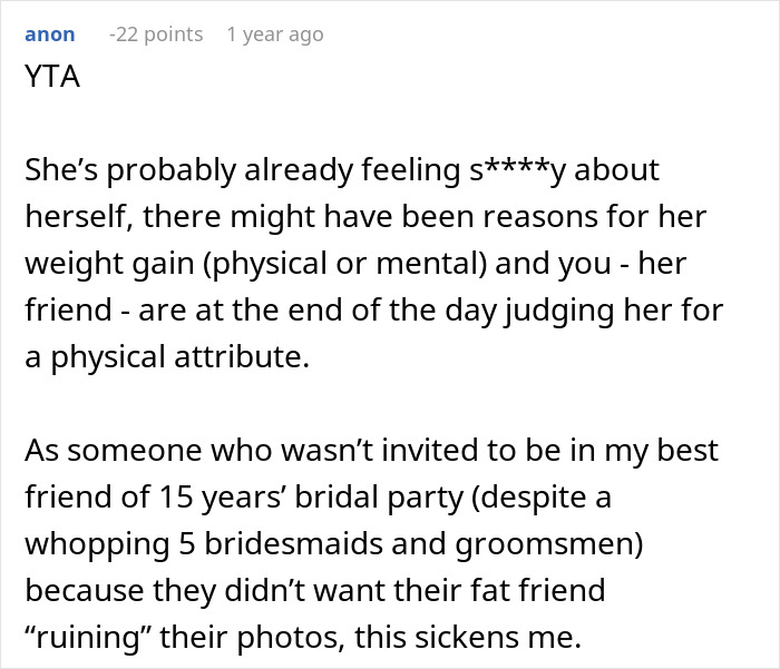 Bride Refuses To Buy Bridesmaid A New Dress Because She Gained Weight, Asks If She's In The Wrong