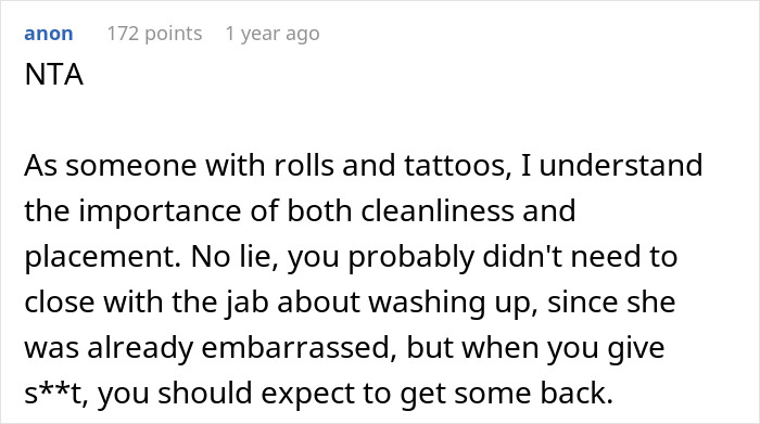 User comment discussing cleanliness and tattoo placement on overweight individuals. User comment discussing cleanliness and tattoo placement on overweight individuals.