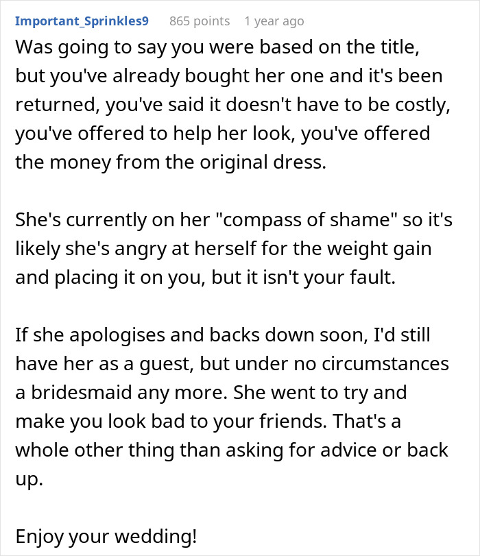 Bride Refuses To Buy Bridesmaid A New Dress Because She Gained Weight, Asks If She's In The Wrong