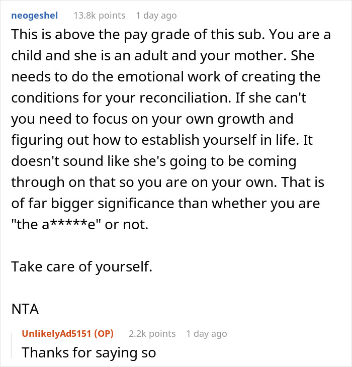 Reddit user advises teen hurt after mom abandoned him over tantrum, discussing emotional growth and reconciliation advice.