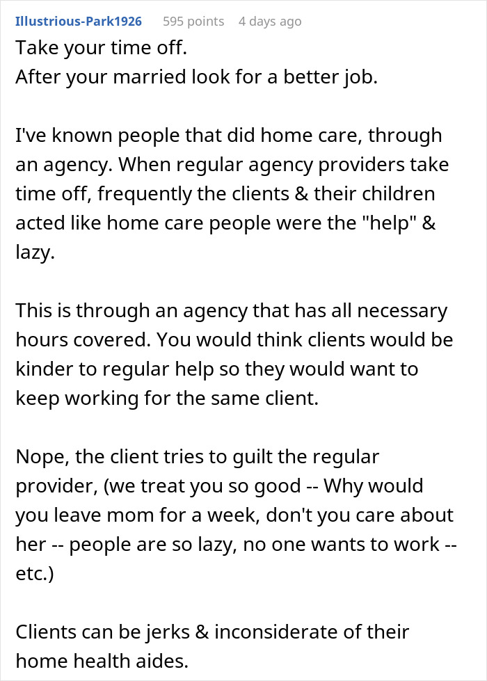 Entitled Elderly People Don't Want Caretaker To Take Time Off For Her Wedding