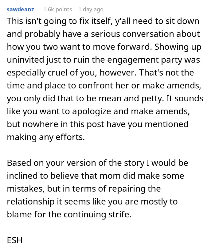 Reddit comment discussing teen still hurt six years after mom abandoned him and lashing out at her engagement party.