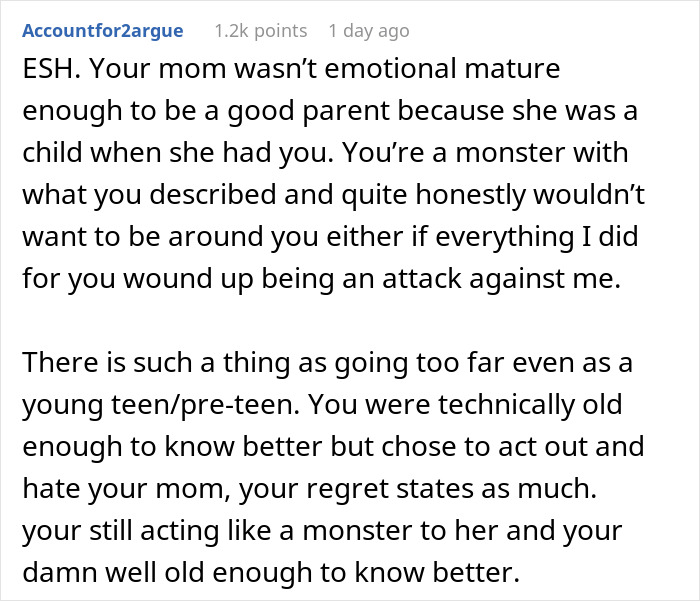 Text post from a user discussing emotional maturity and a teen's behavior after being abandoned by mom following a tantrum.