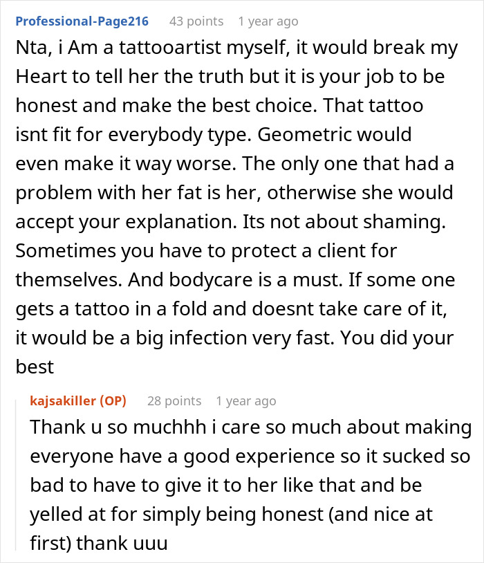 Text conversation discussing tattoo decisions for overweight clients. Text conversation discussing tattoo decisions for overweight clients.