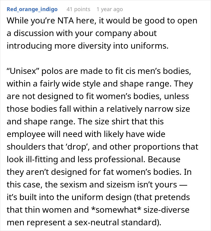 People Support This Boss For Refusing To Completely Change The Uniform For One Plus-Size Worker