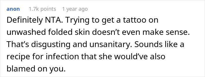 Reddit comment discussing hygiene concerns about tattooing overweight individuals. Reddit comment discussing hygiene concerns about tattooing overweight individuals.