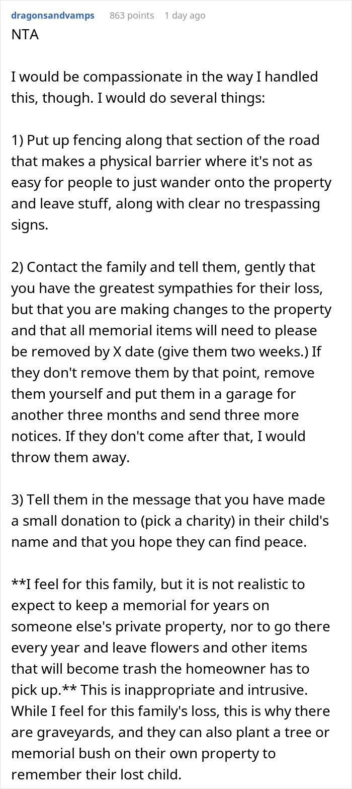Man Asks If He’d Be A Jerk To Ask Parents To Remove Their Child’s Memorial From His Property - 15