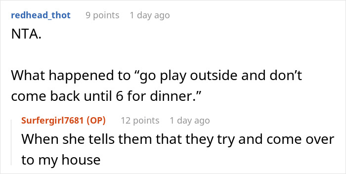Text conversation discussing a woman telling her neighbor she won’t be a free babysitter over the summer.