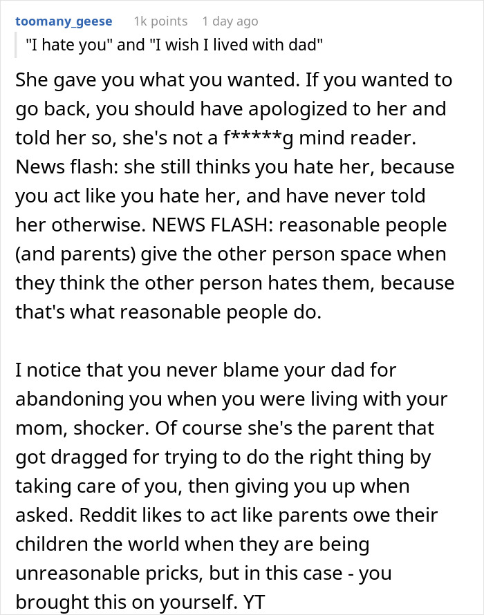 Comment thread discussing a teen still hurt after mom abandoned him and his reaction at her engagement party.