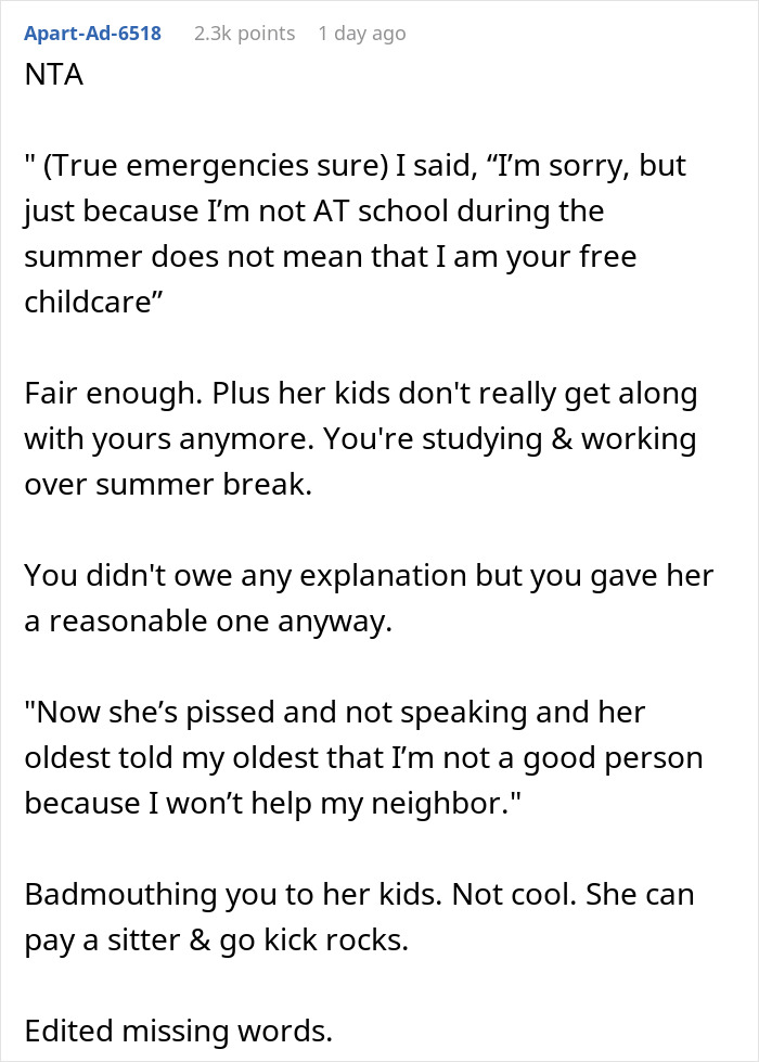 Text conversation about a woman telling neighbor she will not be her free babysitter over the summer break.
