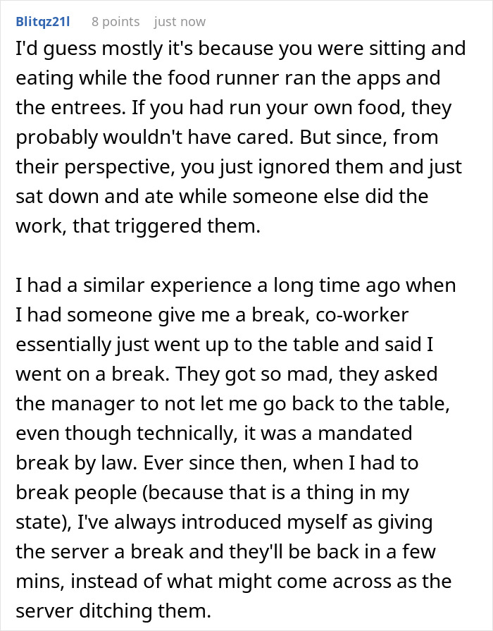 Restaurant Customers Upset At Having To See A Worker Eat At A Table Far Away From Them