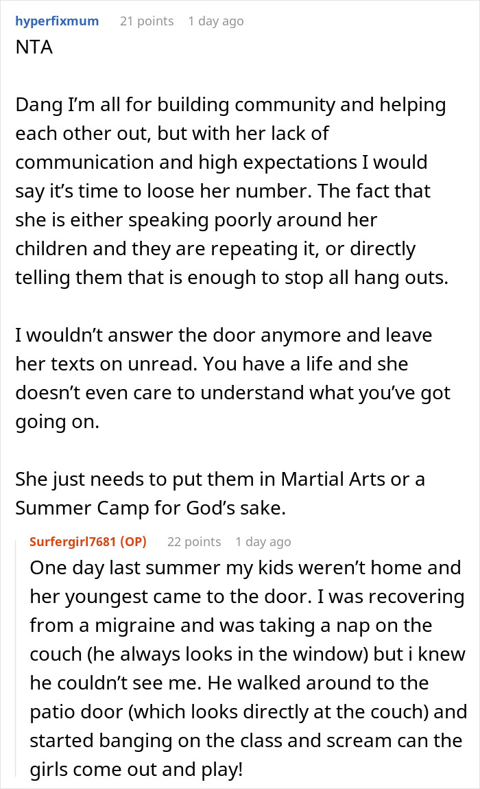 Reddit comments discussing a woman telling neighbor she will not be her free babysitter over summer.