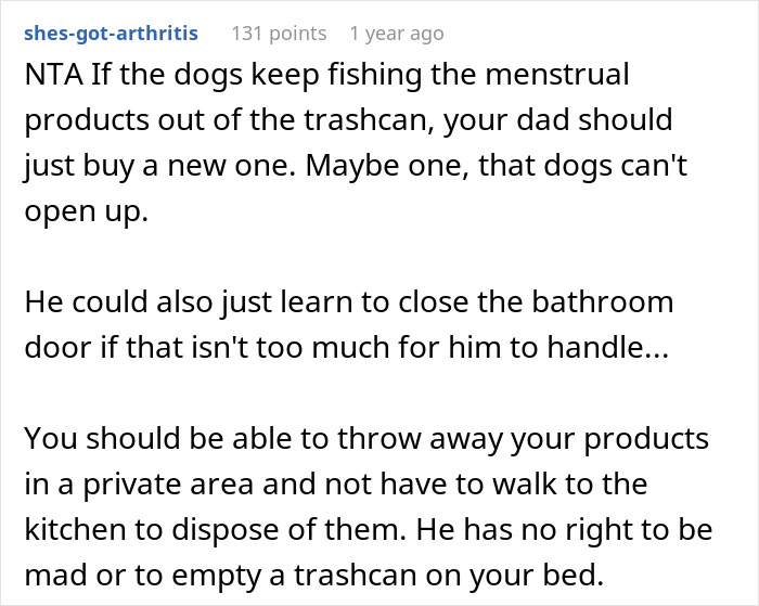 Dad Asks Teen To Throw Away Menstrual Products In Kitchen, She Refuses, So He Dumps Them On Her Bed Dad Asks Teen To Throw Away Menstrual Products In Kitchen, She Refuses, So He Dumps Them On Her Bed