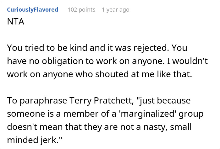 Text response about refusing to tattoo an overweight woman, mentioning obligation and a Terry Pratchett quote. Text response about refusing to tattoo an overweight woman, mentioning obligation and a Terry Pratchett quote.