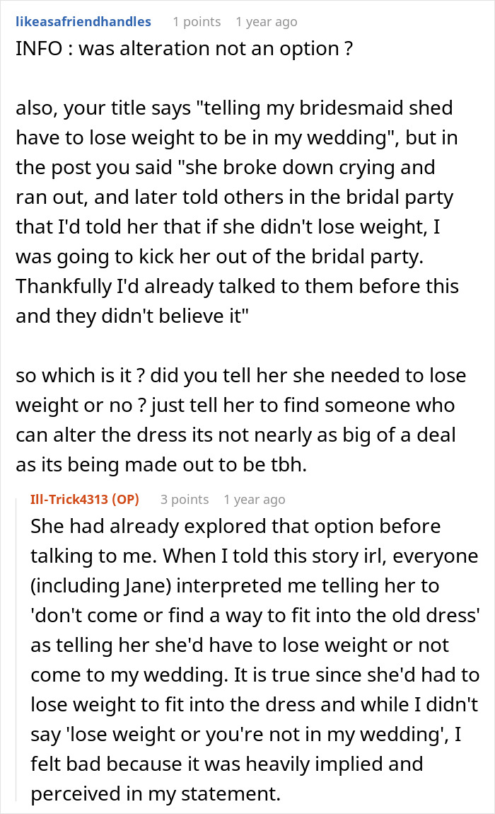 Bride Refuses To Buy Bridesmaid A New Dress Because She Gained Weight, Asks If She's In The Wrong
