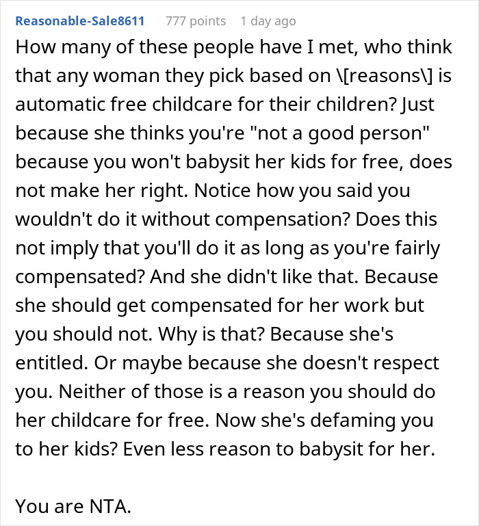 Text post discussing a woman refusing free babysitting for neighbor’s kids over the summer and the ensuing conflict.