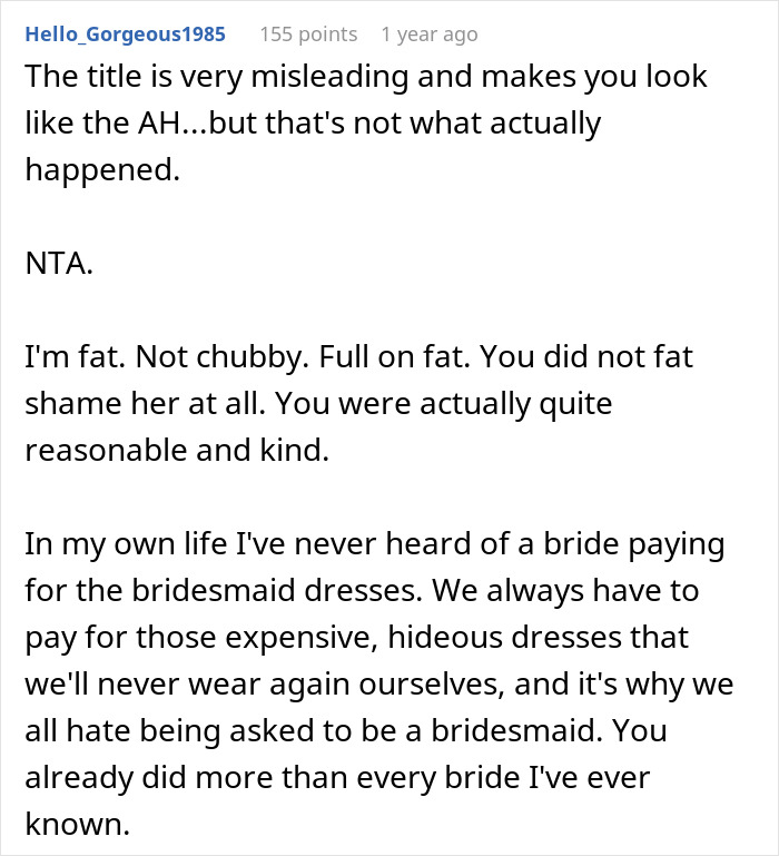 Bride Refuses To Buy Bridesmaid A New Dress Because She Gained Weight, Asks If She's In The Wrong