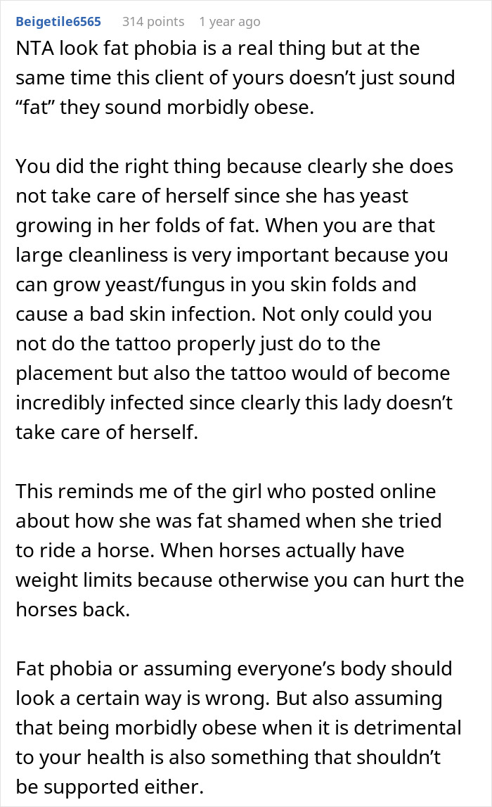 Reddit comment discussing refusing to tattoo due to client's overweight concerns. Reddit comment discussing refusing to tattoo due to client's overweight concerns.