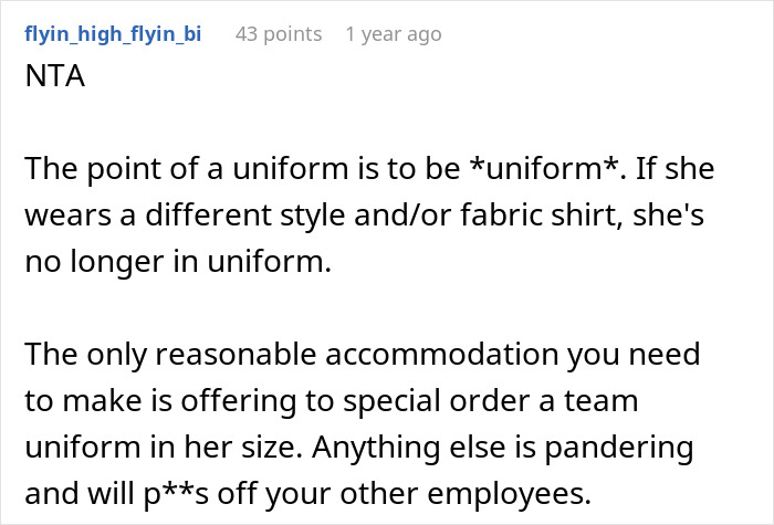 People Support This Boss For Refusing To Completely Change The Uniform For One Plus-Size Worker