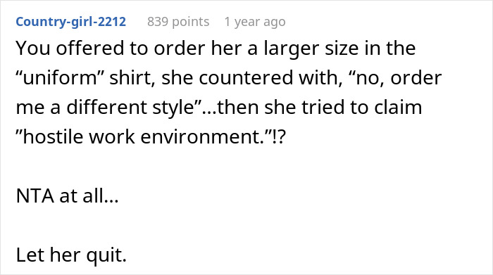 People Support This Boss For Refusing To Completely Change The Uniform For One Plus-Size Worker