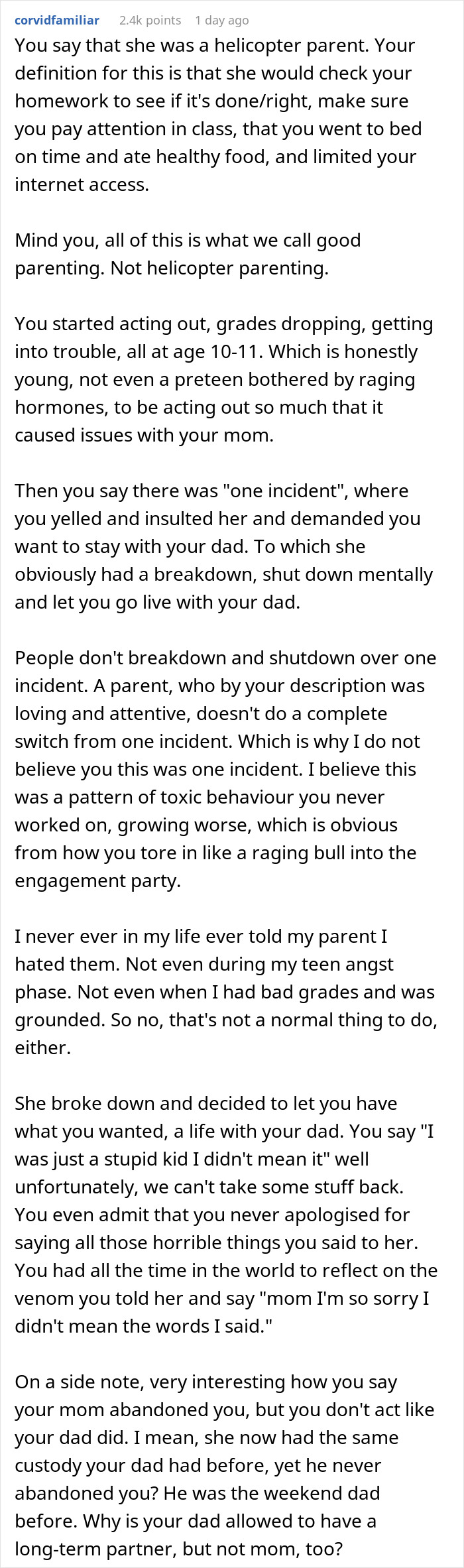 Comment discussing teen hurt and lashing out at mom after abandonment due to tantrum and engagement party incident.