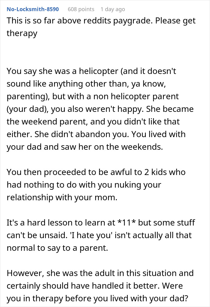 Comment discussing a teen hurt after abandonment, parenting struggles, and family relationship challenges.