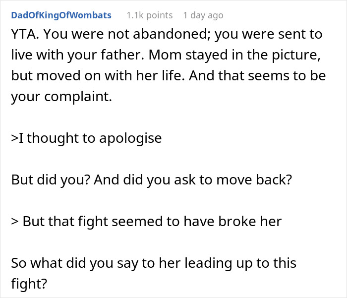 Comment discussing a teen still hurt years after mom abandoned him and his reaction at her engagement party.