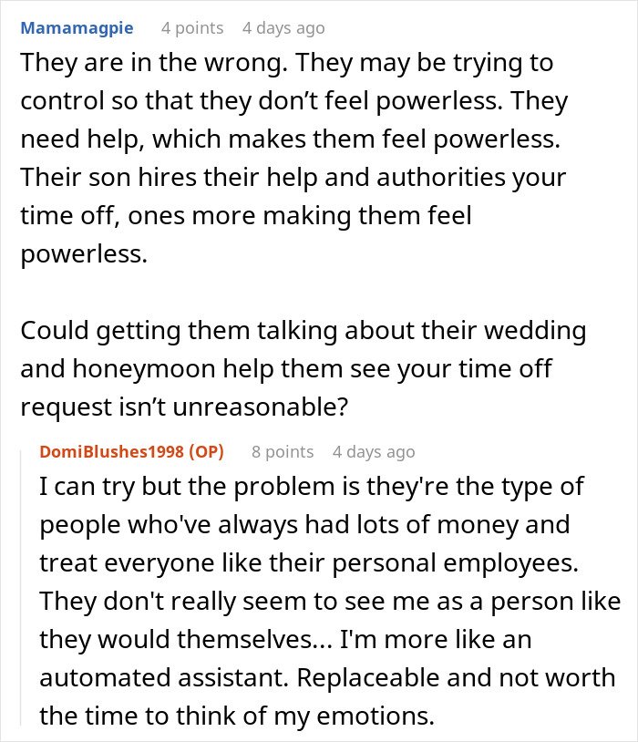 Entitled Elderly People Don't Want Caretaker To Take Time Off For Her Wedding