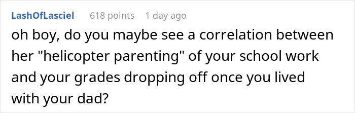 Screenshot of a Reddit comment discussing helicopter parenting and its effect on school work and grades.