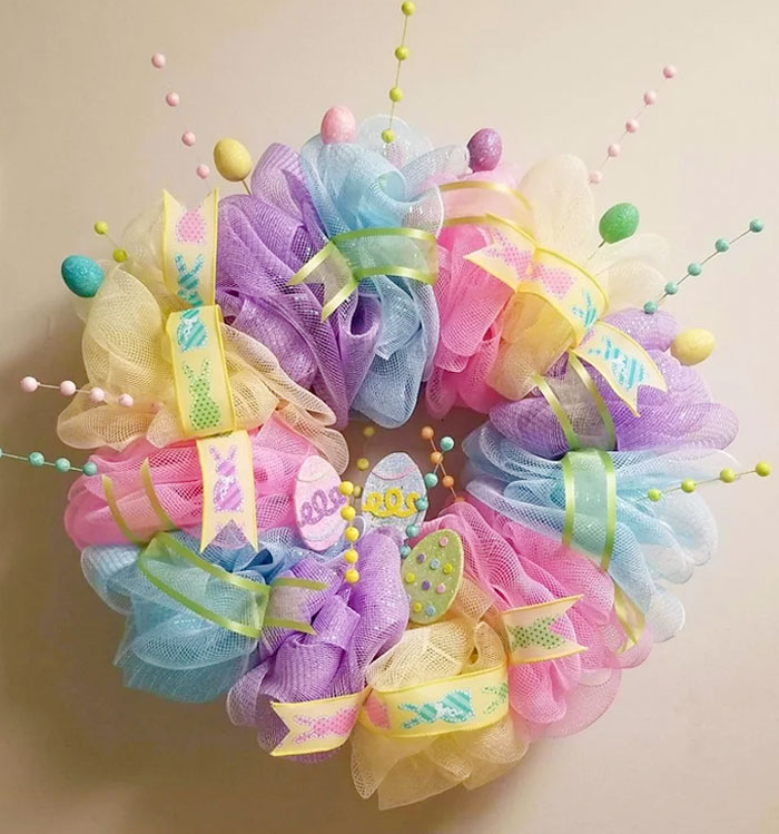 Finished An Easter Wreath Last Night. I'm Pretty Proud Since This Is Only The Fourth Mesh Wreath I Have Ever Made