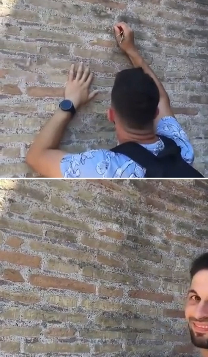 Tourist Engraves The Name Of His Girlfriend With Keys On The Colosseum, Rome. He Faces A Fine Of 18,000 Euros. As A Roman, I Wish They Would Ban Him From Rome Forever