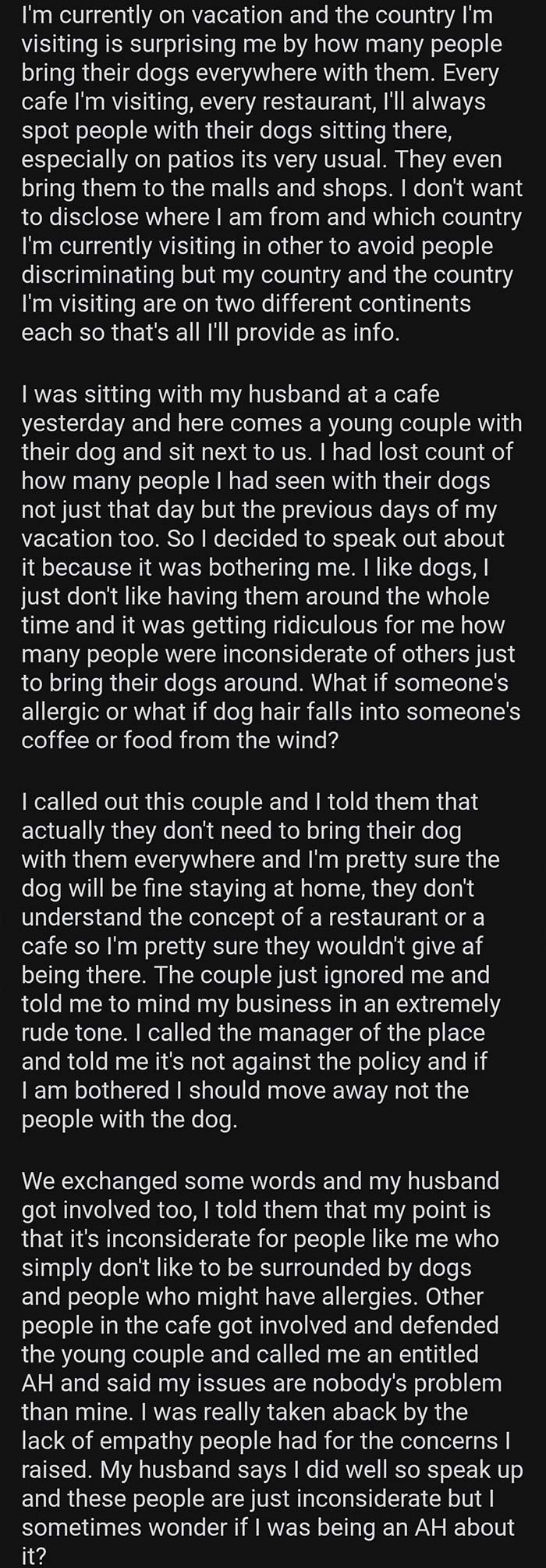 Karen Vacations In Another Country, Doesn't Like That People Take Their Dogs Everywhere With Them, And Speaks To The Manager