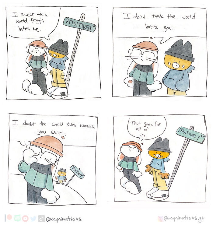 Slice-of-life comics featuring two characters discussing feelings and existence near a Positively street sign.