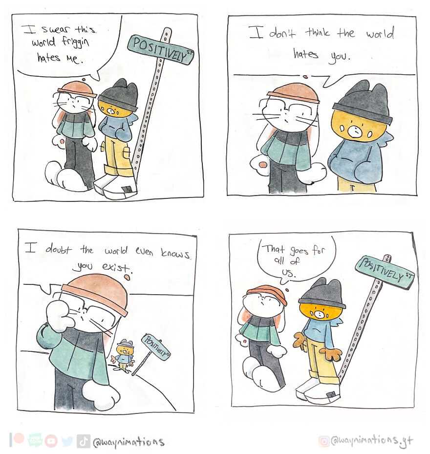 Slice-of-life comics featuring two characters discussing feelings of self-doubt and existence on Positively Street.