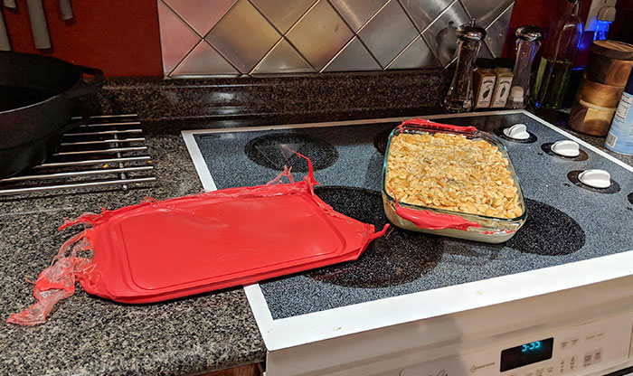 I Absentmindedly Put The Pyrex Dish In The Oven Without Taking The Lid Off. My Stupid Mistake