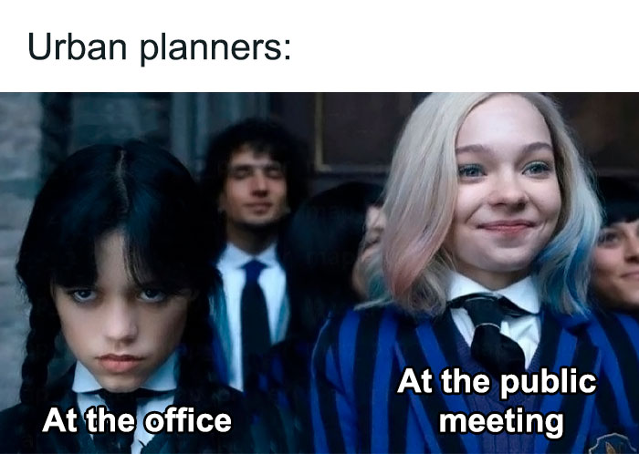 Urban planners meme showing different expressions: serious in the office, smiling at the public meeting.