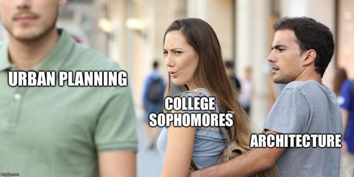 Meme of distracted boyfriend labeled "Architecture" looking at "Urban Planning" instead of "College Sophomores."