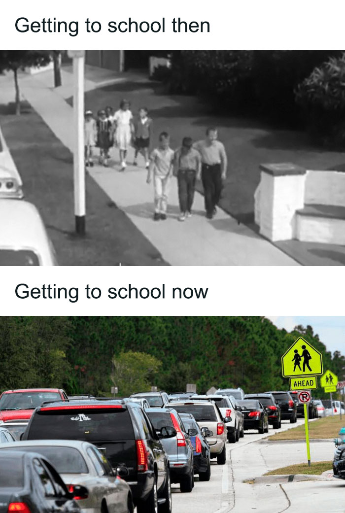 Two-panel image contrasting school commutes; vintage walking vs modern traffic, highlighting urban planning issues.